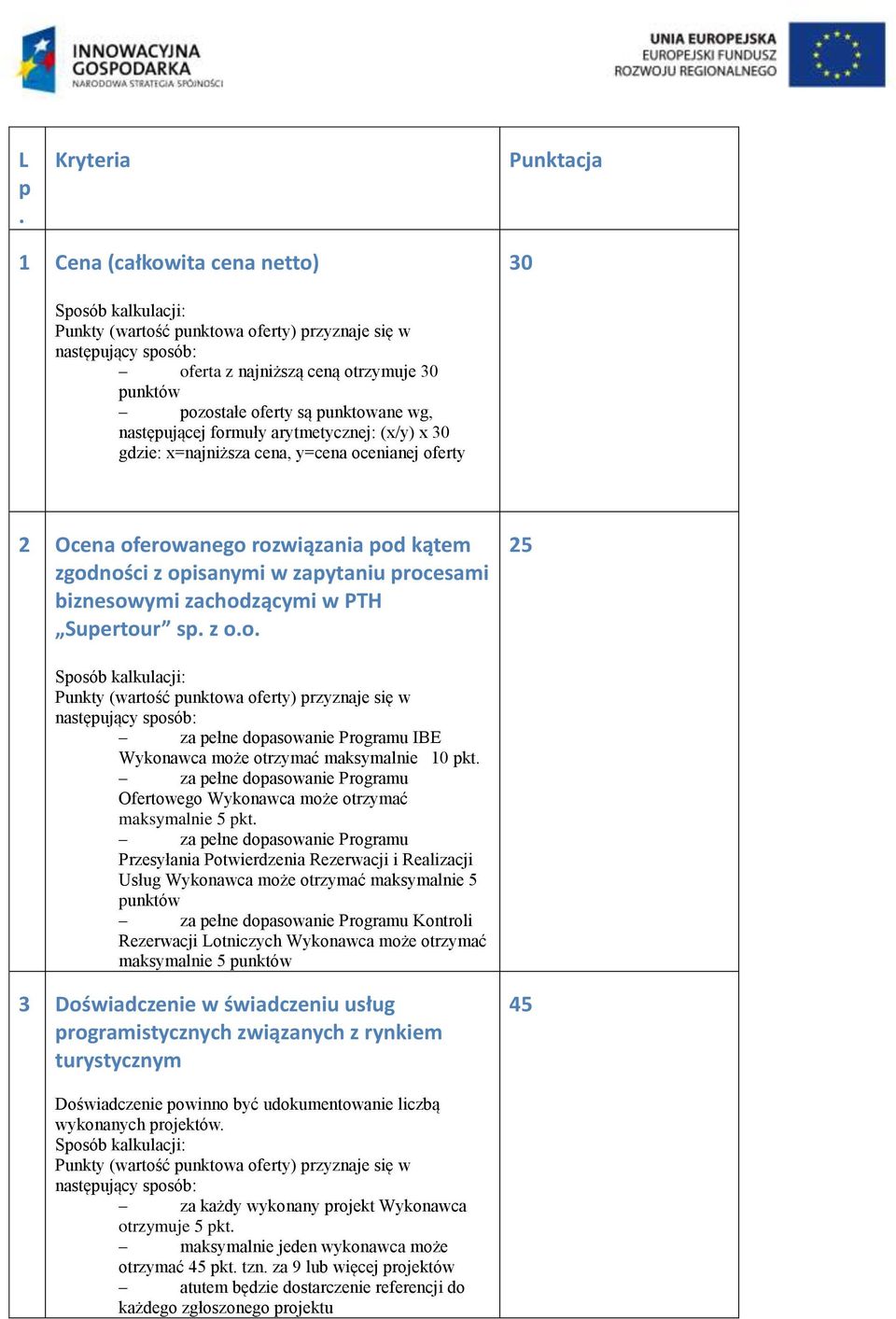 procesami biznesowymi zachodzącymi w PTH Supertour sp. z o.o. 25 Sposób kalkulacji: Punkty (wartość punktowa oferty) przyznaje się w następujący sposób: za pełne dopasowanie Programu IBE Wykonawca może otrzymać maksymalnie 10 pkt.