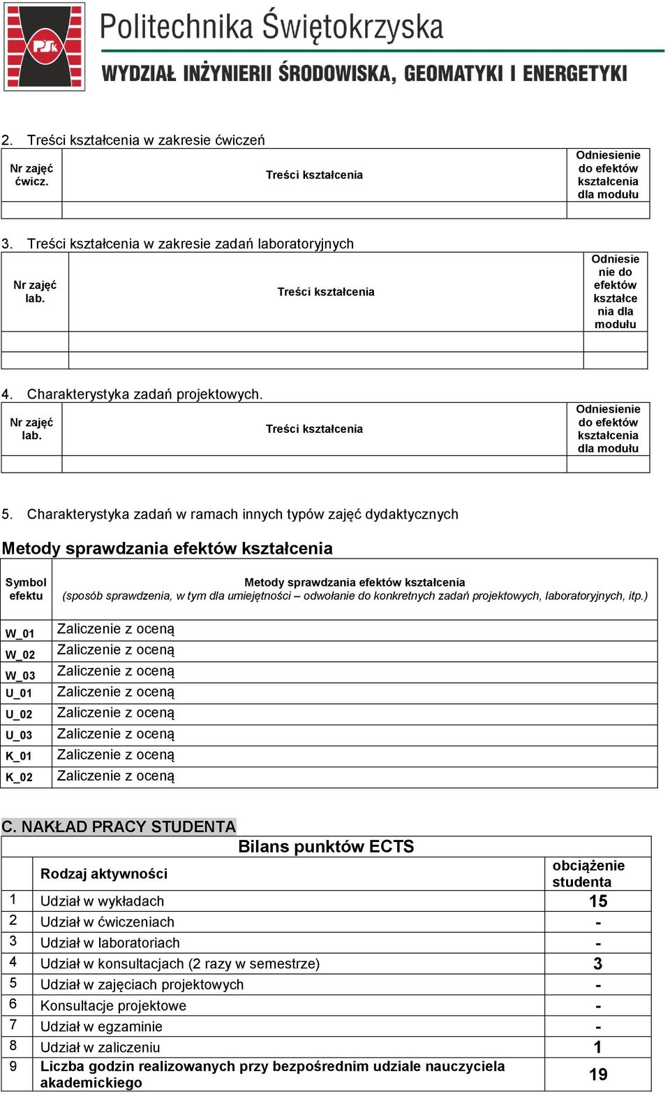 Charakterystyka zadań ramach innych typó zajęć dydaktycznych Metody spradzania efektó kształcenia Symbol efektu W_02 U_01 U_03 K_01 K_02 Metody spradzania efektó kształcenia (sposób spradzenia, tym