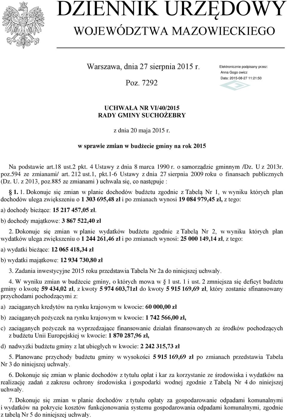 1-6 Ustawy z dnia 27 sierpnia 2009 roku o finansach publicznych (Dz. U. z 2013, poz.885 ze zmianami ) uchwala się, co następuje : 1.