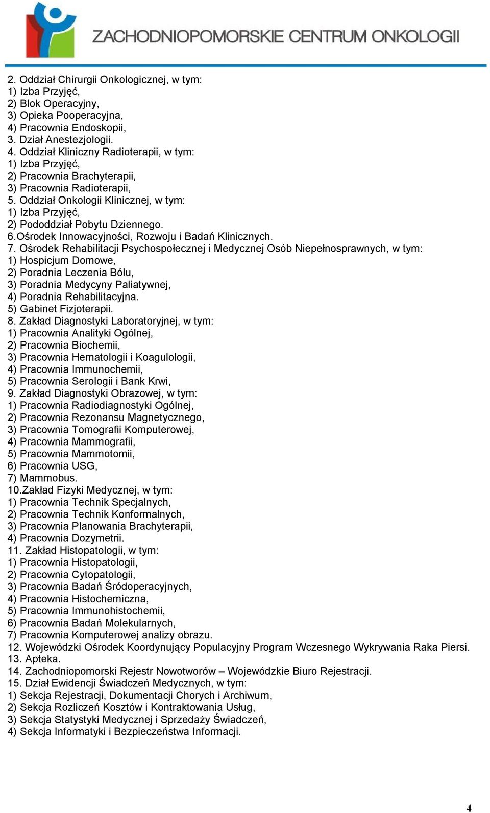 Oddział Onkologii Klinicznej, w tym: 1) Izba Przyjęć, 2) Pododdział Pobytu Dziennego. 6.Ośrodek Innowacyjności, Rozwoju i Badań Klinicznych. 7.