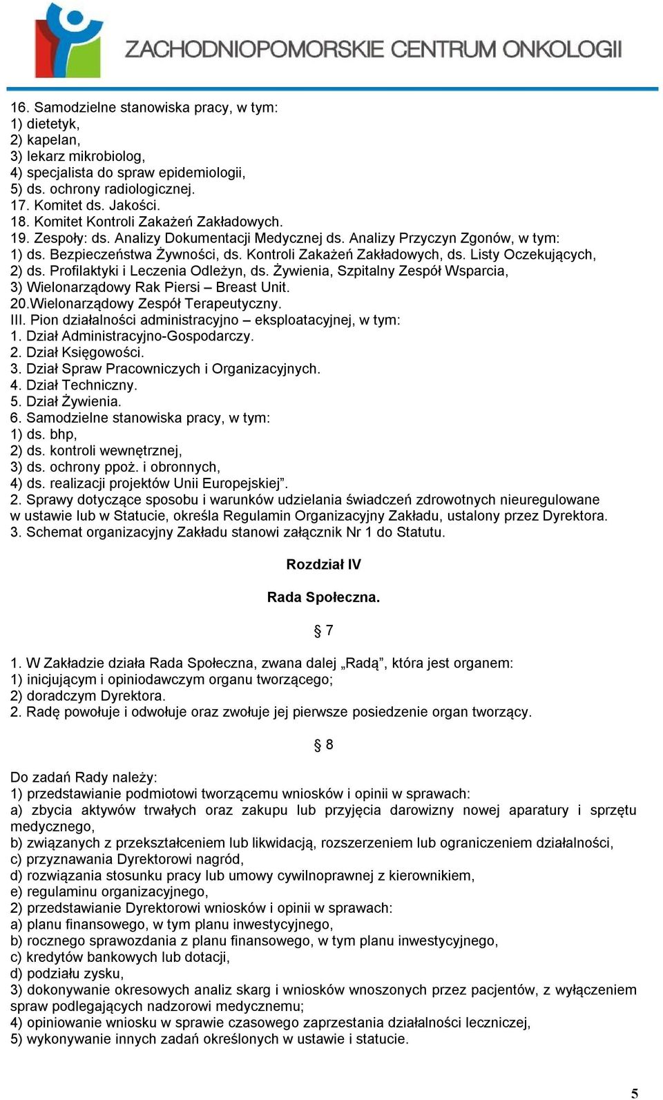 Listy Oczekujących, 2) ds. Profilaktyki i Leczenia Odleżyn, ds. Żywienia, Szpitalny Zespół Wsparcia, 3) Wielonarządowy Rak Piersi Breast Unit. 20.Wielonarządowy Zespół Terapeutyczny. III.