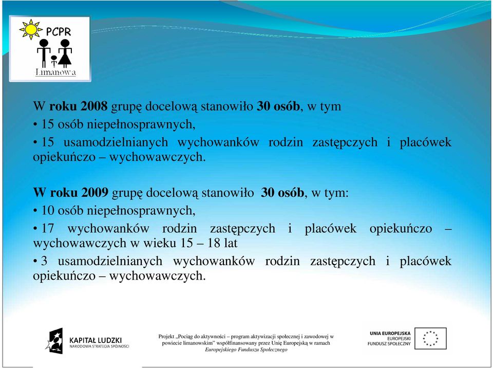 W roku 2009 grupę docelową stanowiło 30 osób, w tym: 10 osób niepełnosprawnych, 17 wychowanków rodzin