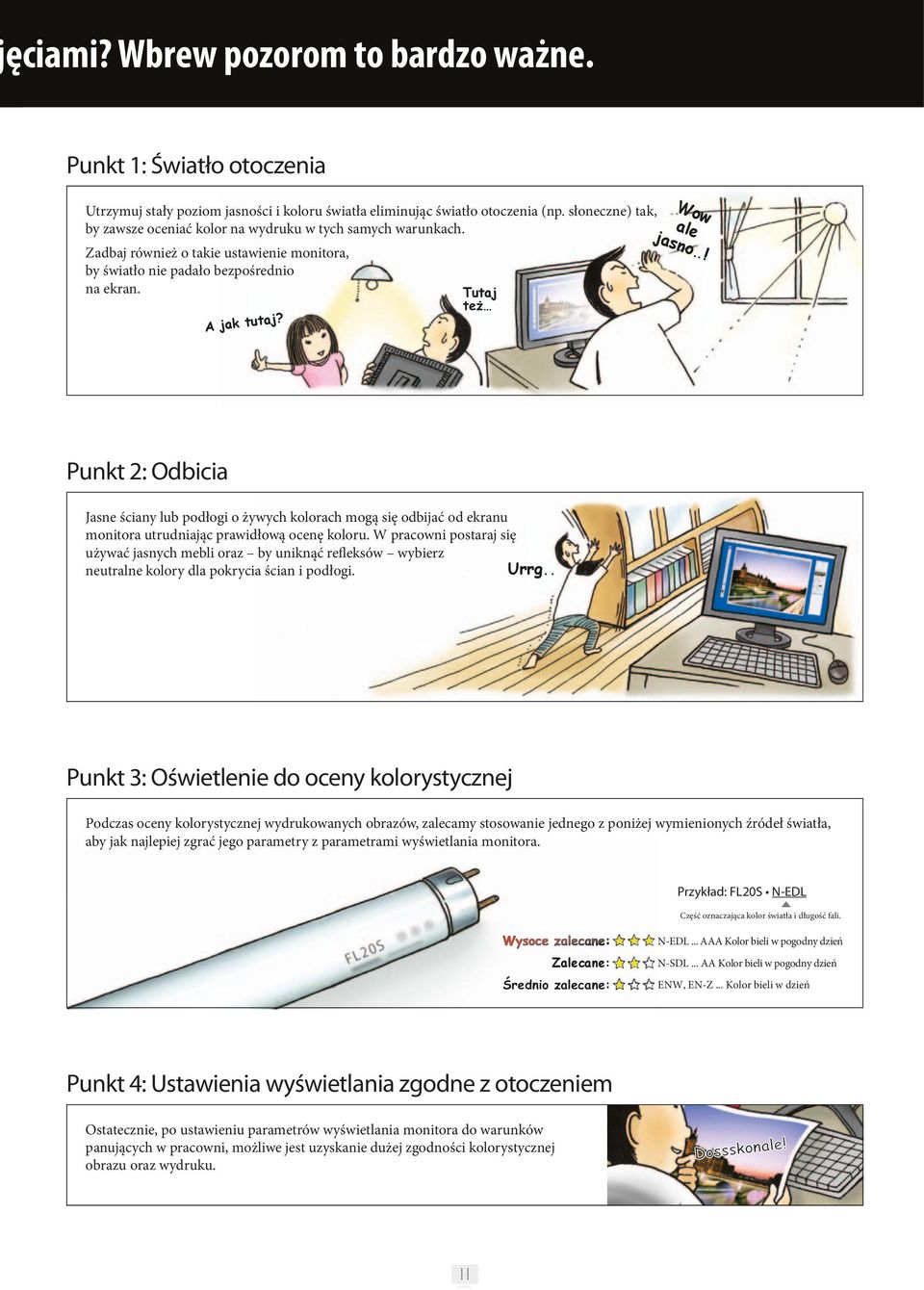 .! Punkt 2: Odbicia Jasne ściany lub podłogi o żywych kolorach mogą się odbijać od ekranu monitora utrudniając prawidłową ocenę koloru.