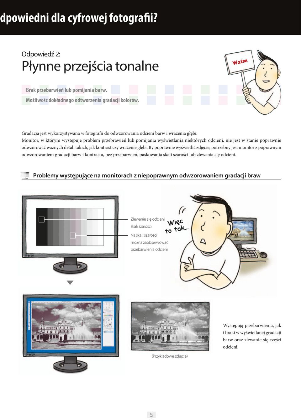 Monitor, w którym występuje problem przebrawień lub pomijania wyświetlania niektórych odcieni, nie jest w stanie poprawnie odwzorować ważnych detali takich, jak kontrast czy wrażenie głębi.