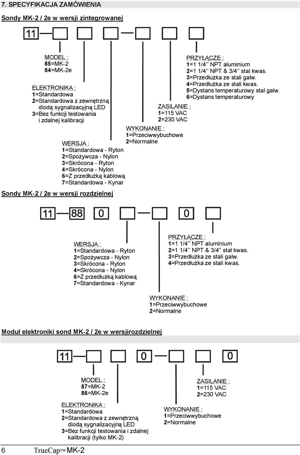 1=Standardowa 6=Dystans temperaturowy 2=Standardowa z zewnętrzną diodą sygnalizacyjną LED ZASILANIE : 3=Bez funkcji testowania 1=115 VAC i zdalnej kalibracji 2=230 VAC WYKONANIE : 1= Przeciwwybuchowe