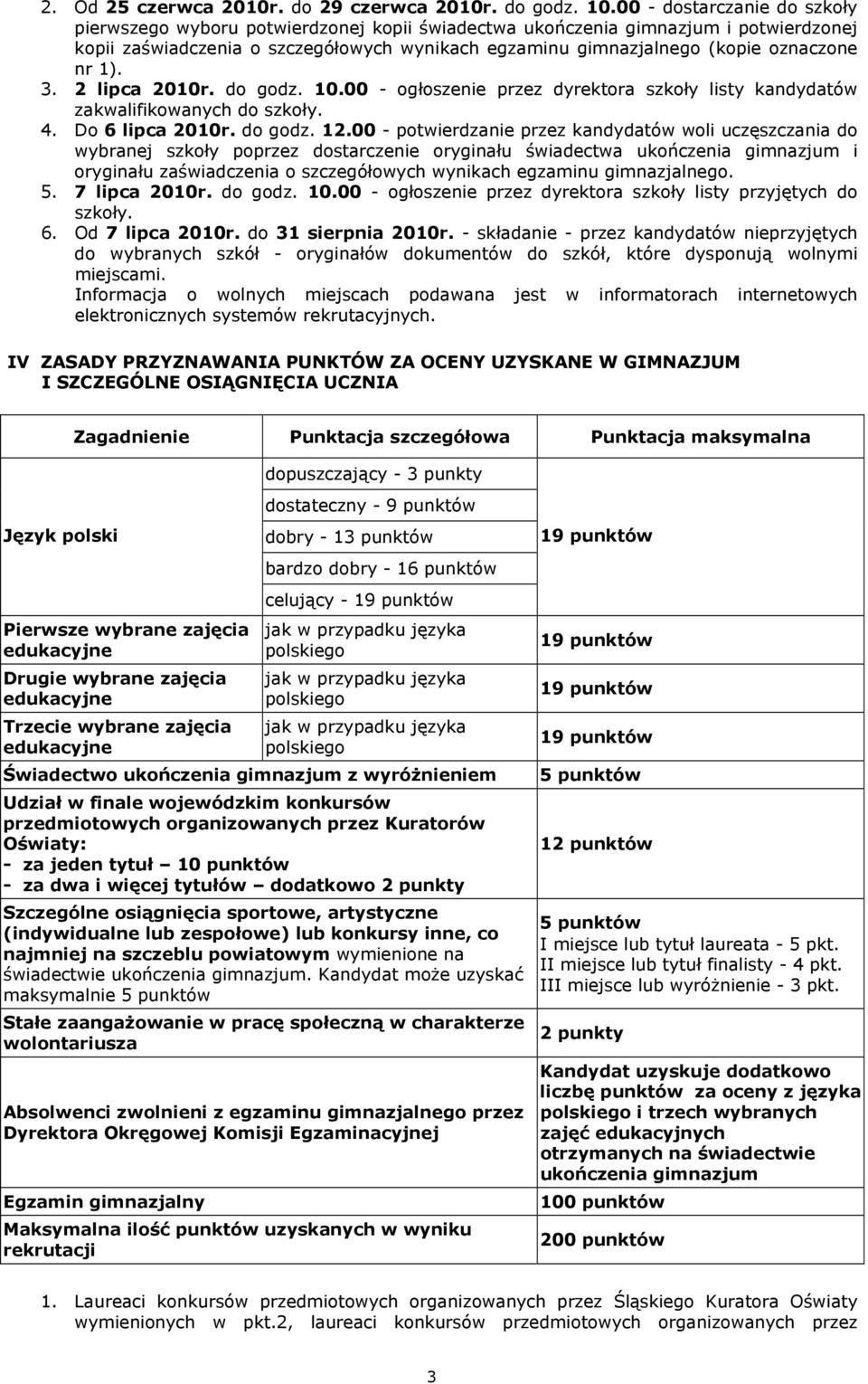 nr 1). 3. 2 lipca 2010r. do godz. 10.00 - ogłoszenie przez dyrektora szkoły listy kandydatów zakwalifikowanych do szkoły. 4. Do 6 lipca 2010r. do godz. 12.