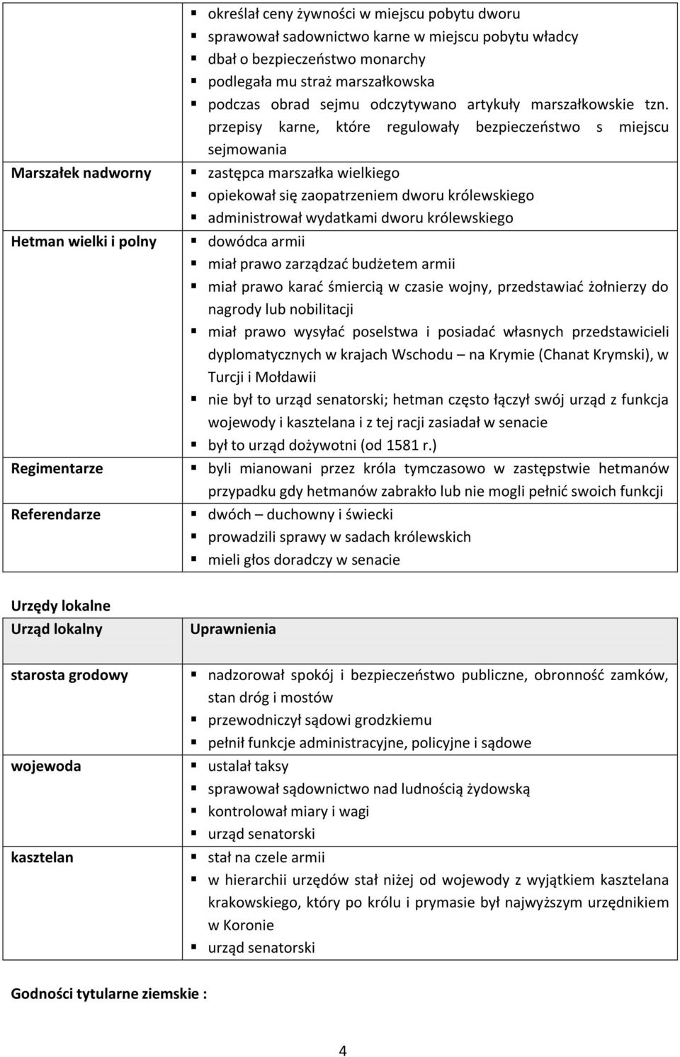 przepisy karne, które regulowały bezpieczeostwo s miejscu sejmowania zastępca marszałka wielkiego opiekował się zaopatrzeniem dworu królewskiego administrował wydatkami dworu królewskiego dowódca