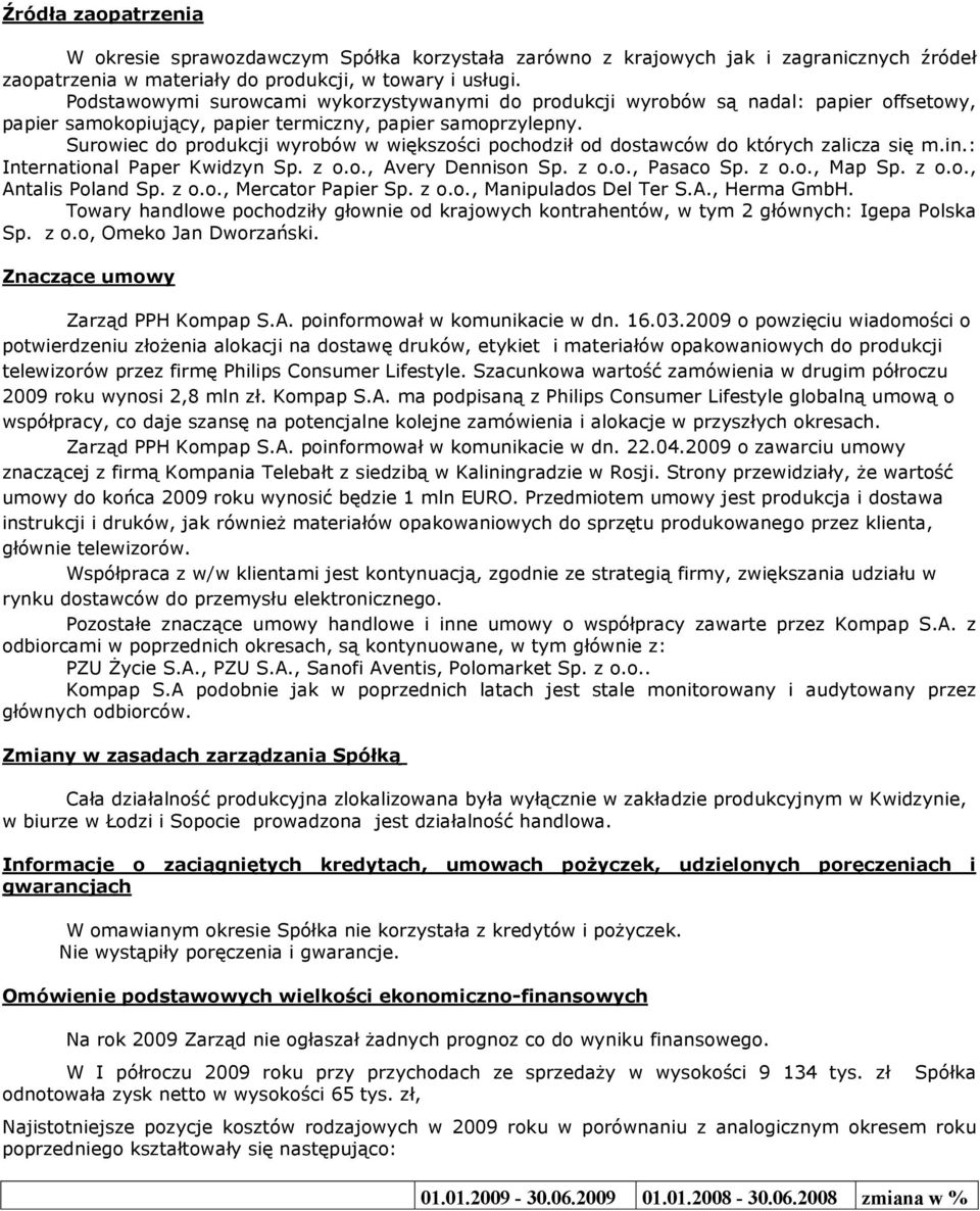 Surowiec do produkcji wyrobów w większości pochodził od dostawców do których zalicza się m.in.: International Paper Kwidzyn Sp. z o.o., Avery Dennison Sp. z o.o., Pasaco Sp. z o.o., Map Sp. z o.o., Antalis Poland Sp.