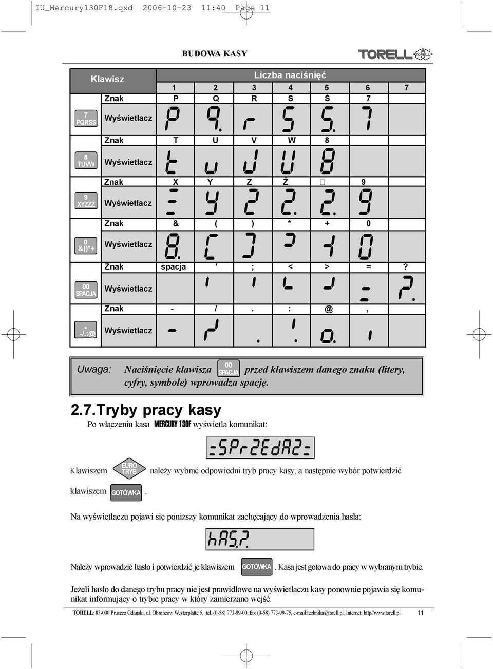 : @, Wyœwietlacz P T X 8. 00 Uwaga: Naciœniêcie klawisza SPACJA przed klawiszem danego znaku (litery, cyfry, symbole) wprowadza spacjê..7.tryby pracy kasy - O.
