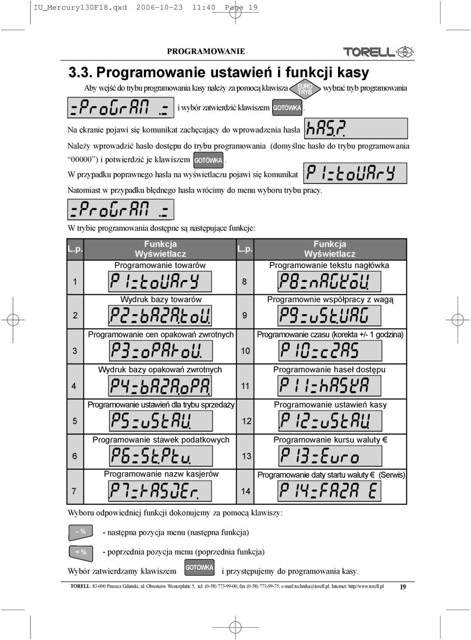 potwierdziæ je klawiszem. W przypadku poprawnego has³a na wyœwietlaczu pojawi siê komunikat TRYB Natomiast w przypadku b³êdnego has³a wrócimy do menu wyboru trybu pracy.