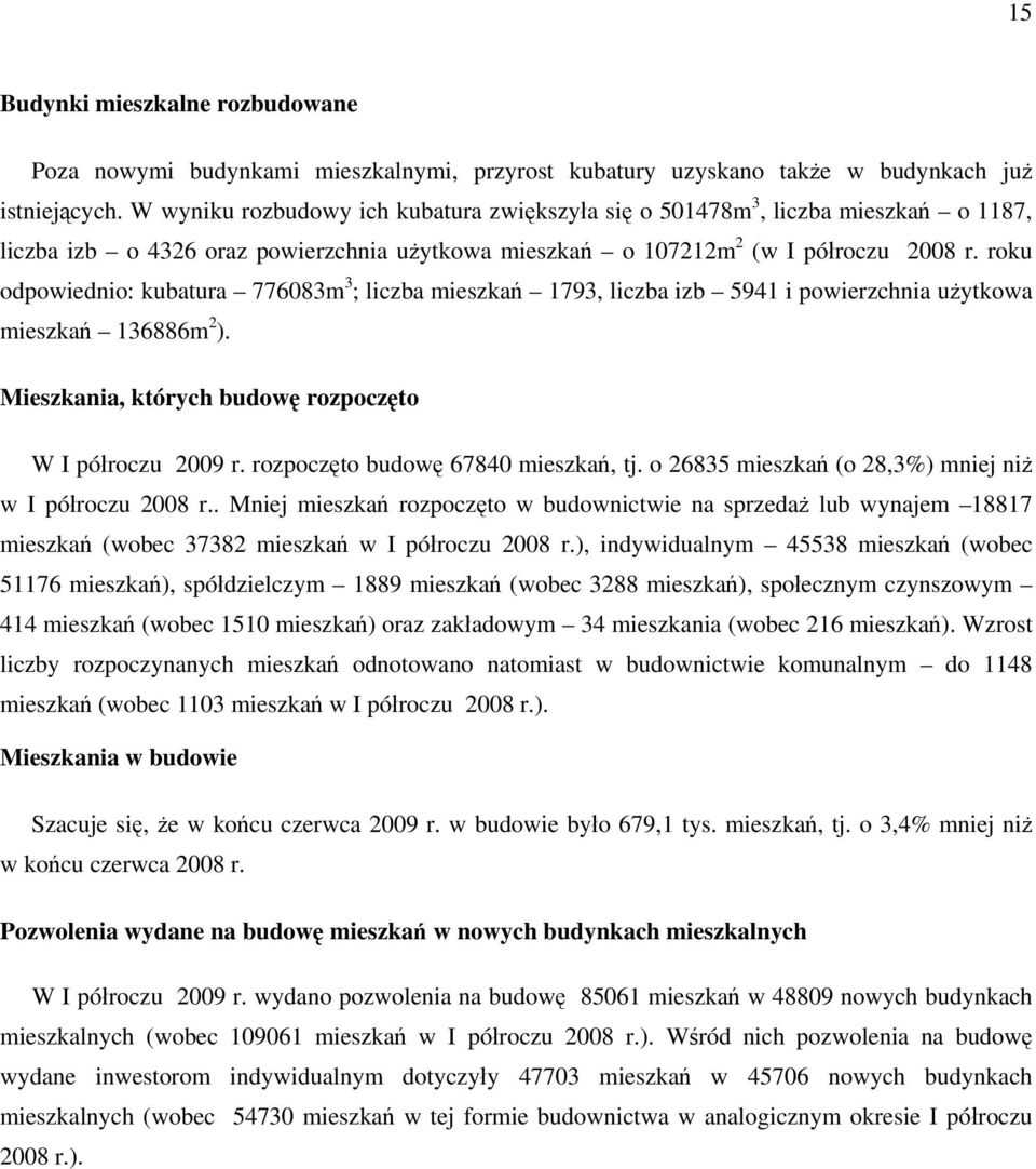 roku odpowiednio: kubatura 776083m 3 ; liczba mieszkań 1793, liczba izb 5941 i powierzchnia użytkowa mieszkań 136886m 2 ). Mieszkania, których budowę rozpoczęto W I półroczu 2009 r.