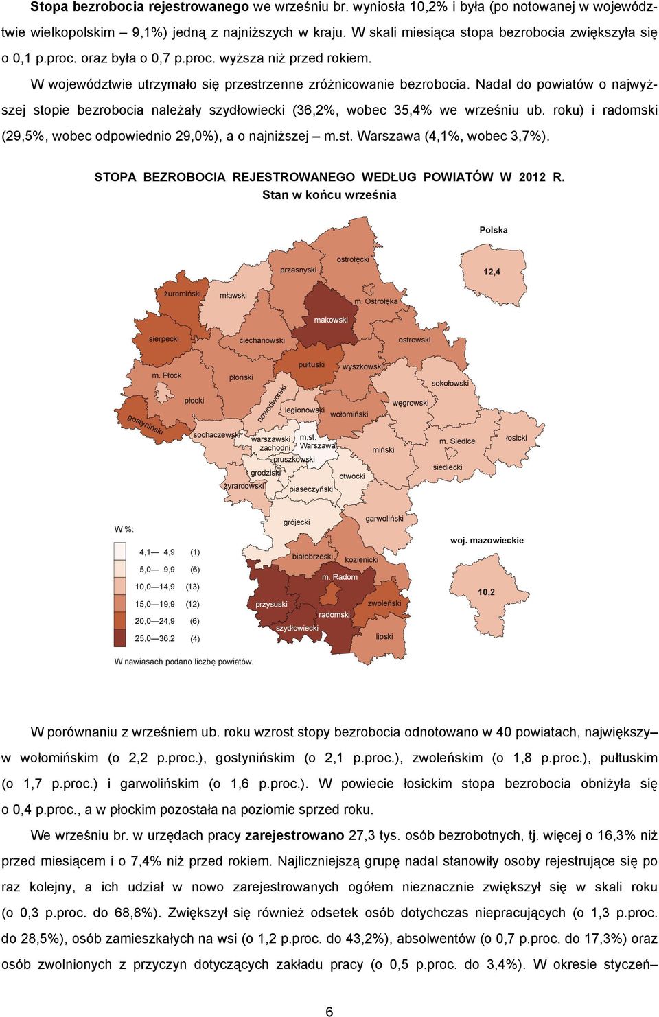 Nadal do powiatów o najwyższej stopie bezrobocia należały szydłowiecki (36,2%, wobec 35,4% we wrześniu ub. roku) i radomski (29,5%, wobec odpowiednio 29,0%), a o najniższej m.st. Warszawa (4,1%, wobec 3,7%).