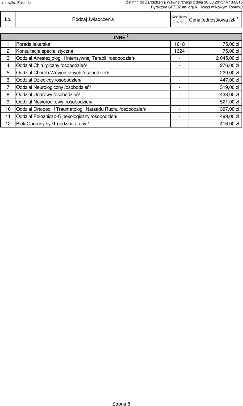 Neurologiczny /osobodzień/ - 39,00 zł 8 Oddział Udarowy /osobodzień/ - 438,00 zł 9 Oddział Noworodkowy /osobodzień/ - 52,00 zł 0 Oddział Ortopedii i