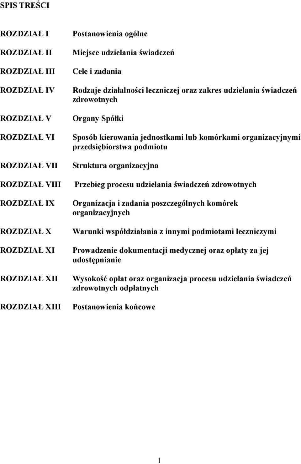 przedsiębiorstwa podmiotu Struktura organizacyjna Przebieg procesu udzielania świadczeń zdrowotnych Organizacja i zadania poszczególnych komórek organizacyjnych Warunki współdziałania z innymi