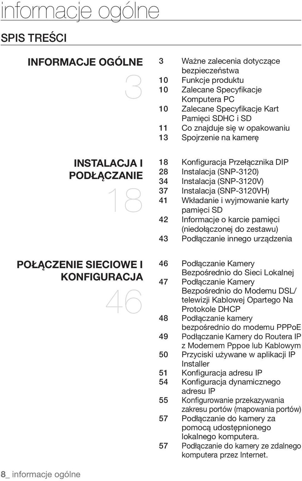 Instalacja (SNP-3120V) 37 Instalacja (SNP-3120VH) 41 Wkładanie i wyjmowanie karty pamięci SD 42 Informacje o karcie pamięci (niedołączonej do zestawu) 43 Podłączanie innego urządzenia 46 Podłączanie