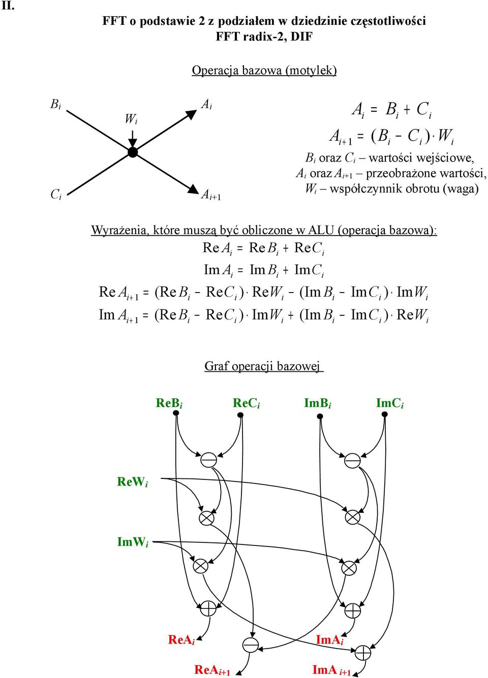 które muszą być oblczone w ALU (operacja bazowa): Re A = Re B + ReC + Im A = Im B + ImC Re A 1 = (Re B ReC ) ReW (Im B