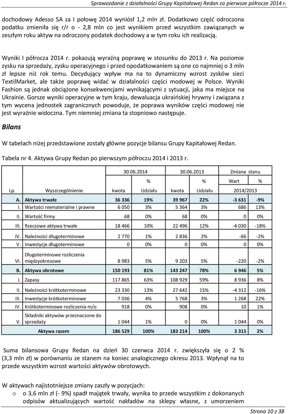 pkazują wyraźną pprawę w stsunku d 2013 r. Na pzimie zysku na sprzedaży, zysku peracyjneg i przed pdatkwaniem są ne c najmniej 3 mln zł lepsze niż rk temu.