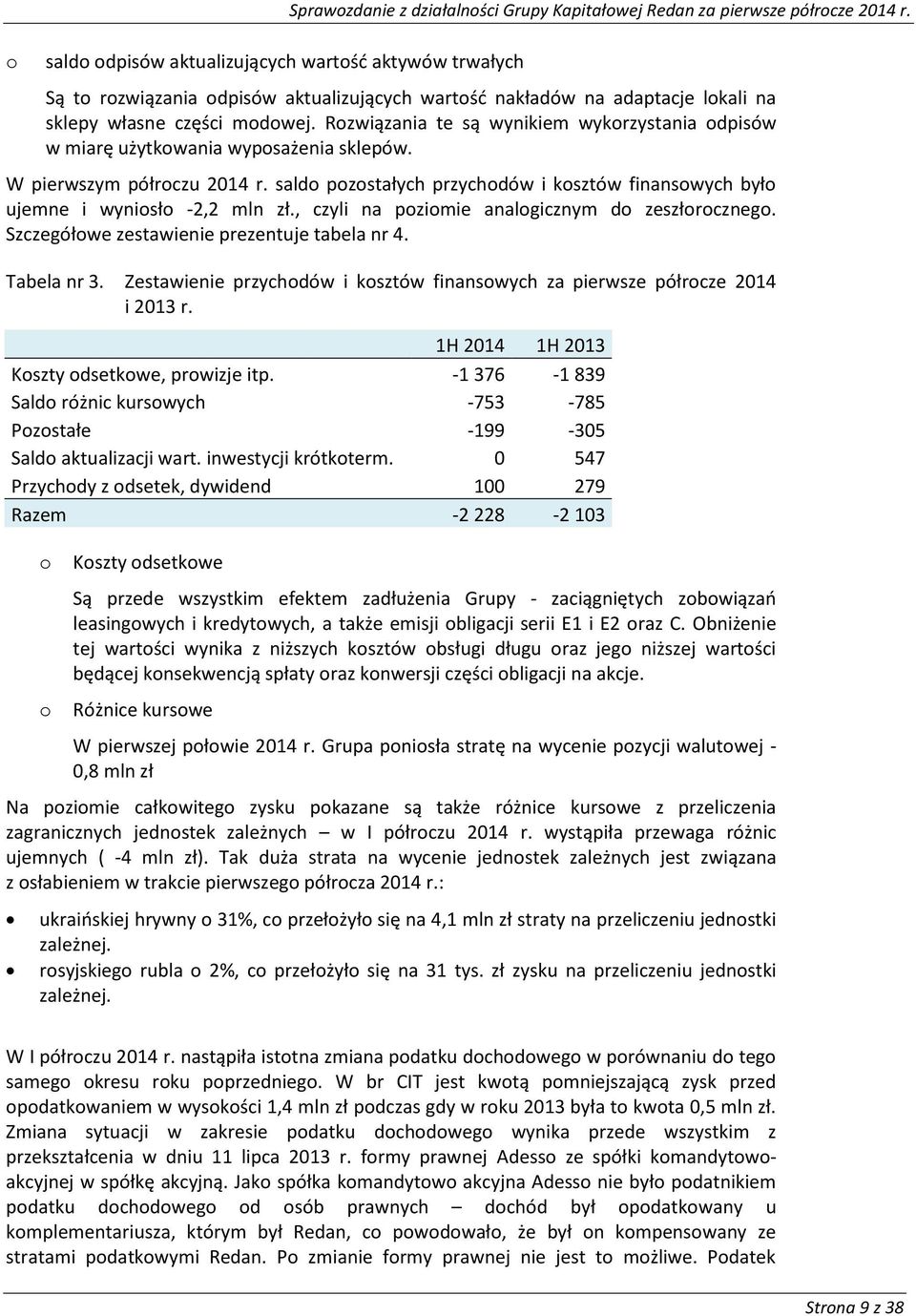 W pierwszym półrczu 2014 r. sald pzstałych przychdów i ksztów finanswych był ujemne i wynisł -2,2 mln zł., czyli na pzimie analgicznym d zeszłrczneg. Szczegółwe zestawienie prezentuje tabela nr 4.