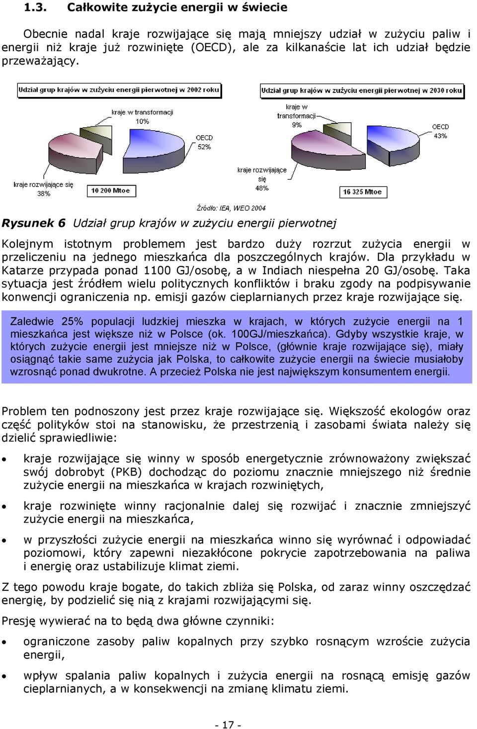 Rysunek 6 Udział grup krajów w zużyciu energii pierwotnej Kolejnym istotnym problemem jest bardzo duży rozrzut zużycia energii w przeliczeniu na jednego mieszkańca dla poszczególnych krajów.