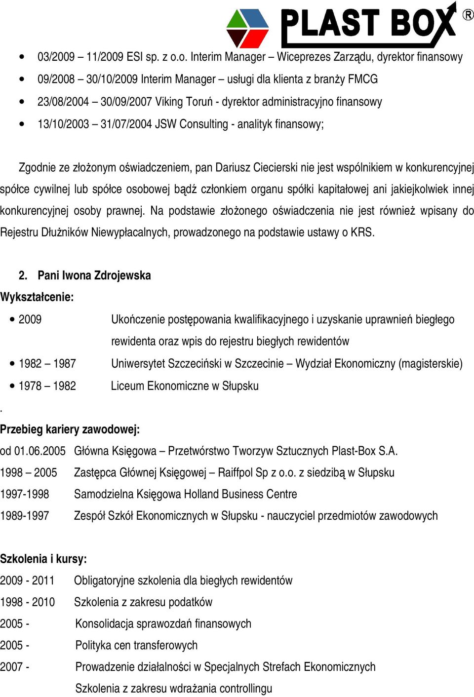 13/10/2003 31/07/2004 JSW Consulting - analityk finansowy; Zgodnie ze złoonym owiadczeniem, pan Dariusz Ciecierski nie jest wspólnikiem w konkurencyjnej spółce cywilnej lub spółce osobowej bd