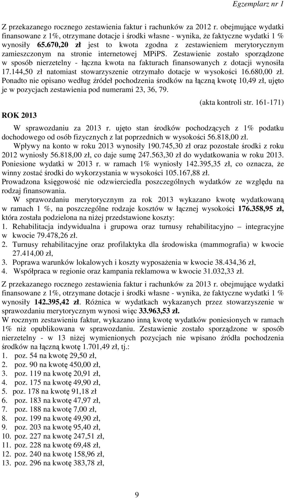 Zestawienie zostało sporządzone w sposób nierzetelny - łączna kwota na fakturach finansowanych z dotacji wynosiła 17.144,50 zł natomiast stowarzyszenie otrzymało dotacje w wysokości 16.680,00 zł.