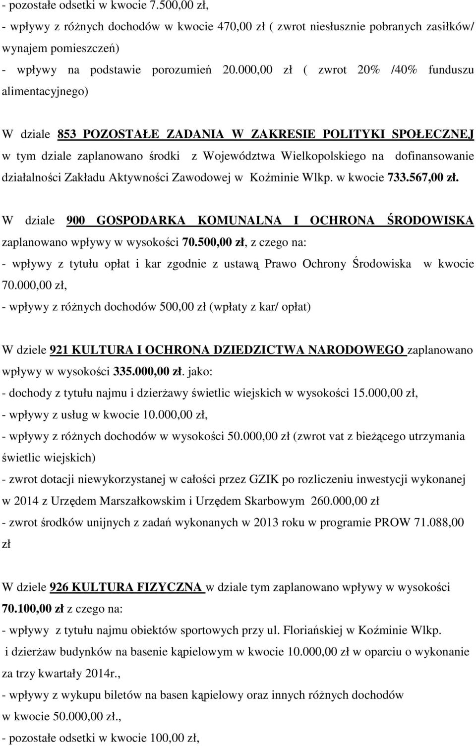 działalności Zakładu Aktywności Zawodowej w Koźminie Wlkp. w kwocie 733.567,00 zł. W dziale 900 GOSPODARKA KOMUNALNA I OCHRONA ŚRODOWISKA zaplanowano wpływy w wysokości 70.