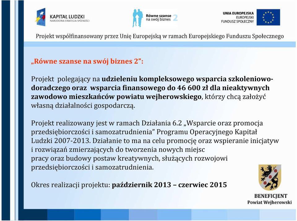 2 Wsparcie oraz promocja przedsiębiorczości i samozatrudnienia Programu Operacyjnego Kapitał Ludzki 2007-2013.