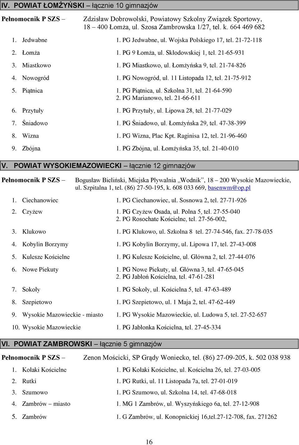 11 Listopada 12, tel. 21-75-912 5. Piątnica 1. PG Piątnica, ul. Szkolna 31, tel. 21-64-590 2. PG Marianowo, tel. 21-66-611 6. Przytuły 1. PG Przytuły, ul. Lipowa 28, tel. 21-77-029 7. Śniadowo 1.