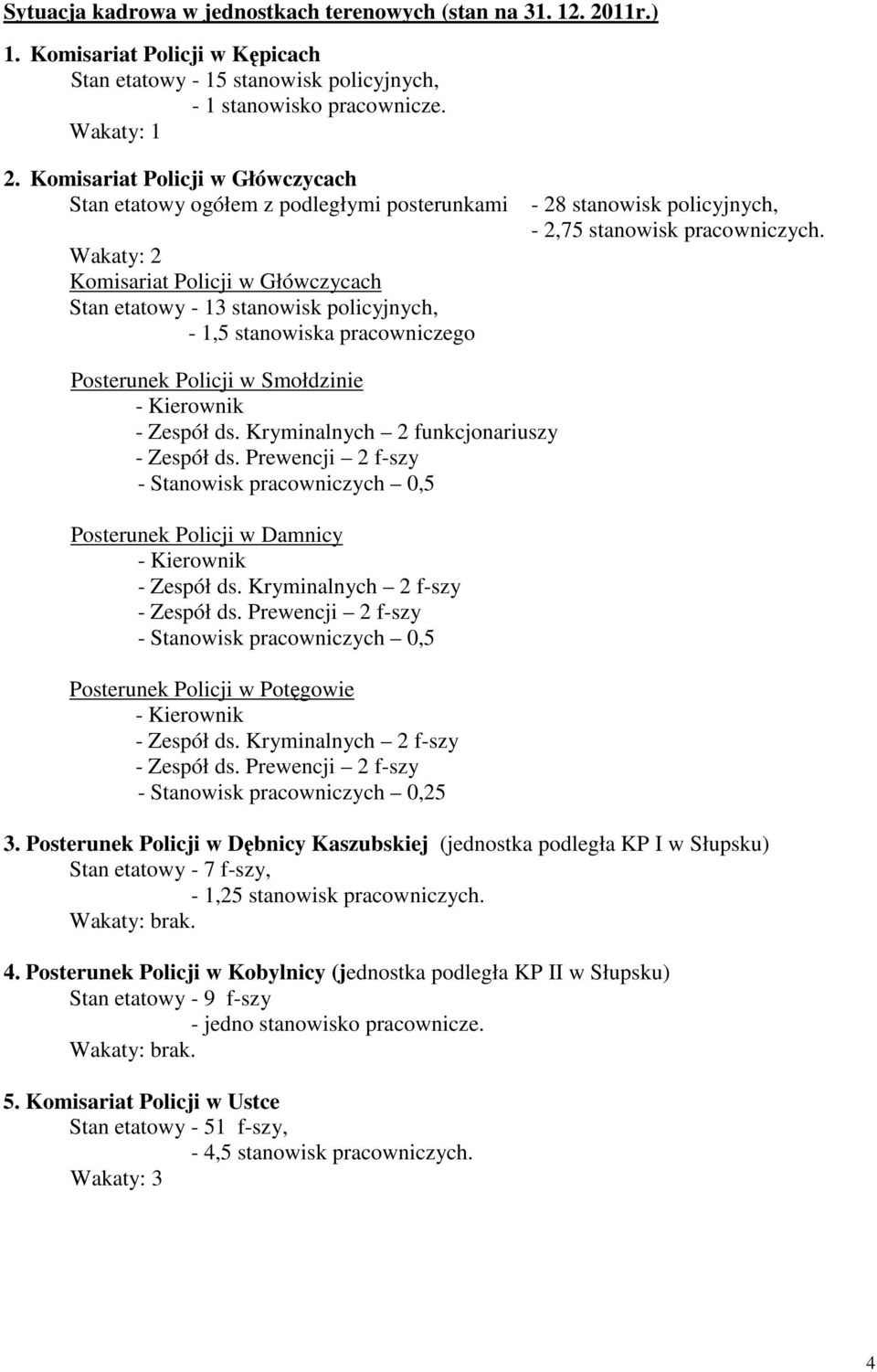 stanowisk policyjnych, - 2,75 stanowisk pracowniczych. Posterunek Policji w Smołdzinie - Kierownik - Zespół ds. Kryminalnych 2 funkcjonariuszy - Zespół ds.