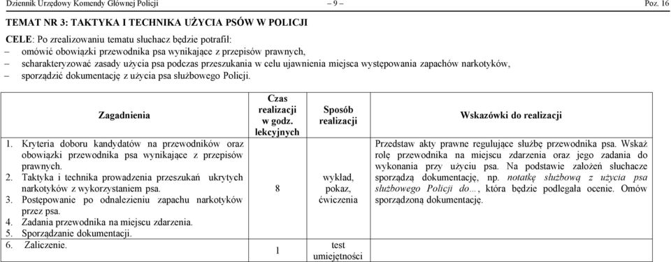 zasady użycia psa podczas przeszukania w celu ujawnienia miejsca występowania zapachów narkotyków, - sporządzić dokumentację z użycia psa służbowego Policji. Zagadnienia 1.