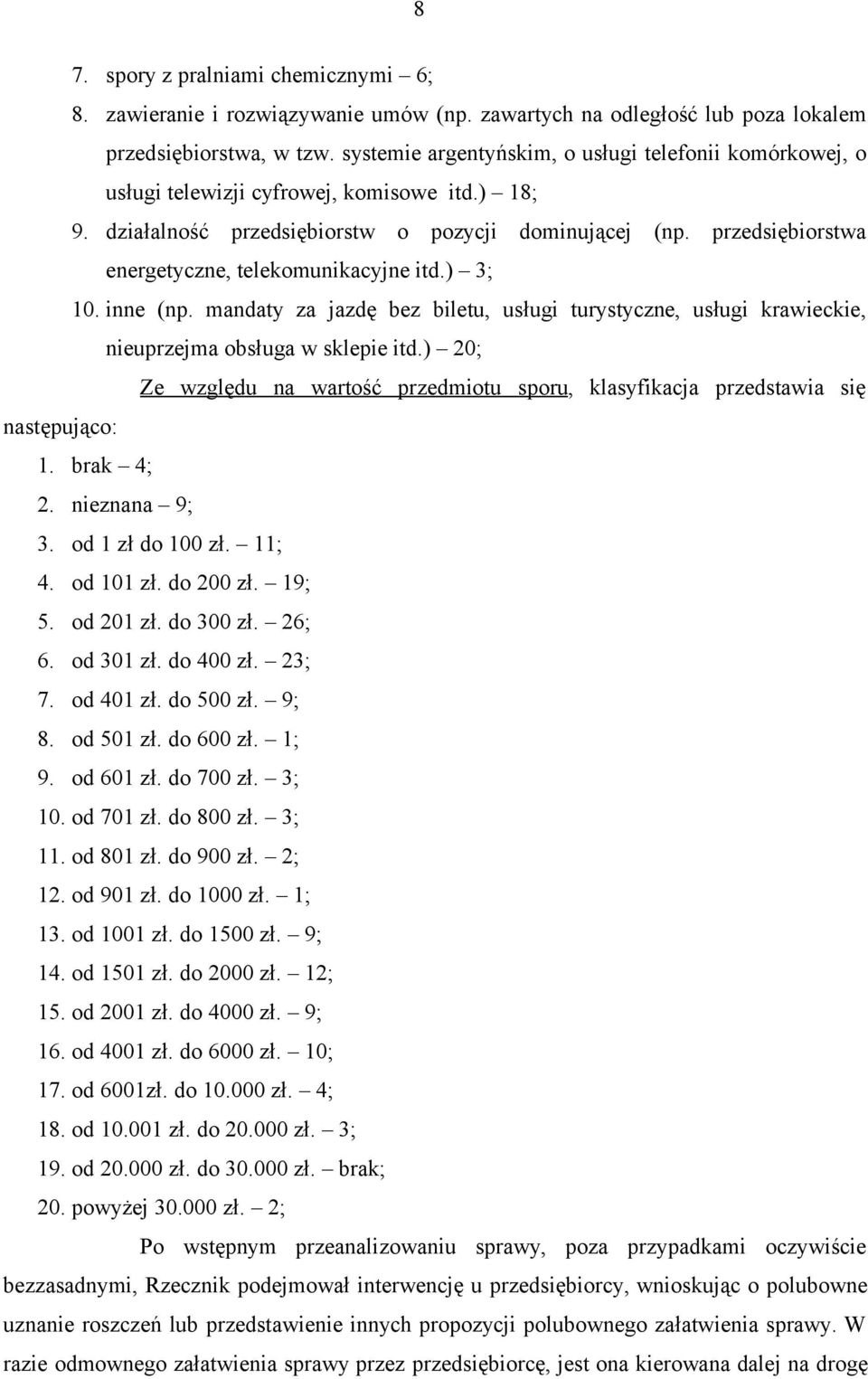 przedsiębiorstwa energetyczne, telekomunikacyjne itd.) 3; 10. inne (np. mandaty za jazdę bez biletu, usługi turystyczne, usługi krawieckie, nieuprzejma obsługa w sklepie itd.