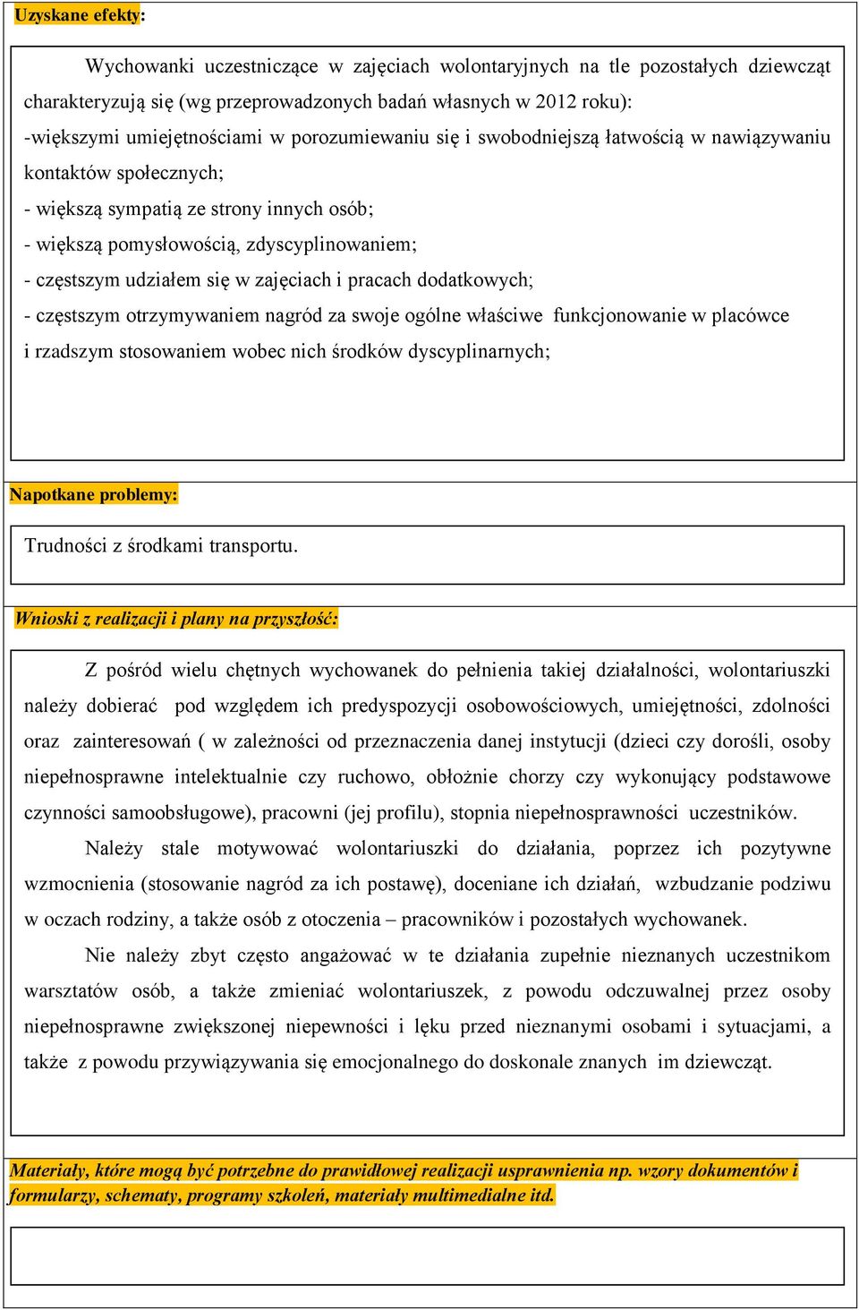 zajęciach i pracach dodatkowych; - częstszym otrzymywaniem nagród za swoje ogólne właściwe funkcjonowanie w placówce i rzadszym stosowaniem wobec nich środków dyscyplinarnych; Napotkane problemy: