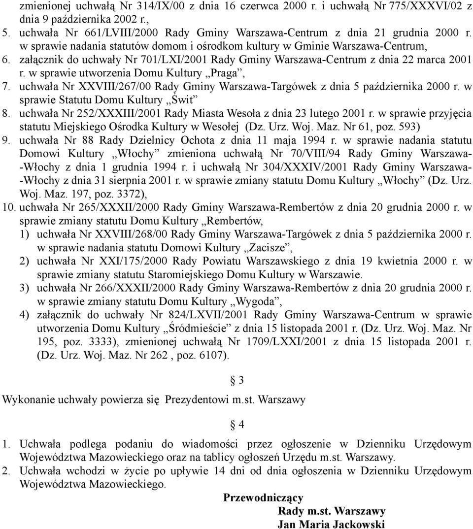 w sprawie utworzenia Domu Kultury Praga, 7. uchwała Nr XXVIII/267/00 Rady Gminy Warszawa-Targówek z dnia 5 października 2000 r. w sprawie Statutu Domu Kultury Świt 8.