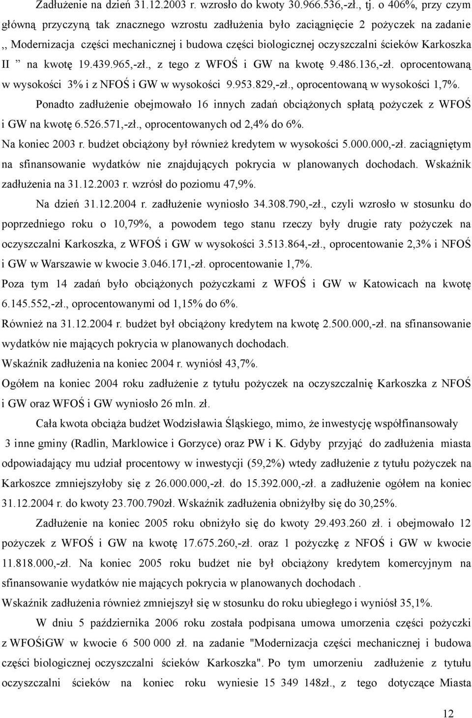 Karkoszka II na kwotę 19.439.965,-zł., z tego z WFOŚ i GW na kwotę 9.486.136,-zł. oprocentowaną w wysokości 3% i z NFOŚ i GW w wysokości 9.953.829,-zł., oprocentowaną w wysokości 1,7%.