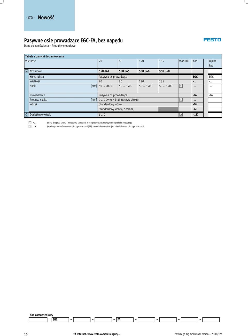 -FA Rezerwa skoku [mm] 0 999(0 =brakrezerwyskoku) 1 - Wózek Standardowy wózek -GK Standardowy wózek, z osłoną -GP O Dodatkowy wózek 1 2 2 - K 1 - Suma długości skoku i 2x rezerwa skoku nie