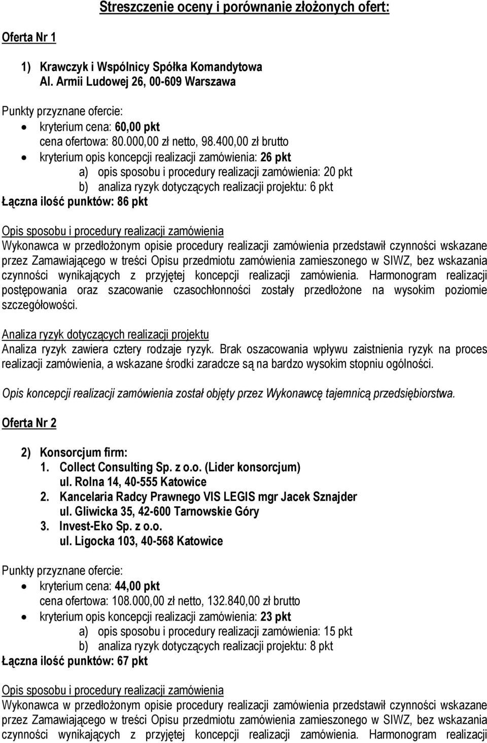 400,00 zł brutto kryterium opis koncepcji realizacji zamówienia: 26 pkt a) opis sposobu i procedury realizacji zamówienia: 20 pkt b) analiza ryzyk dotyczących realizacji projektu: 6 pkt Łączna ilość