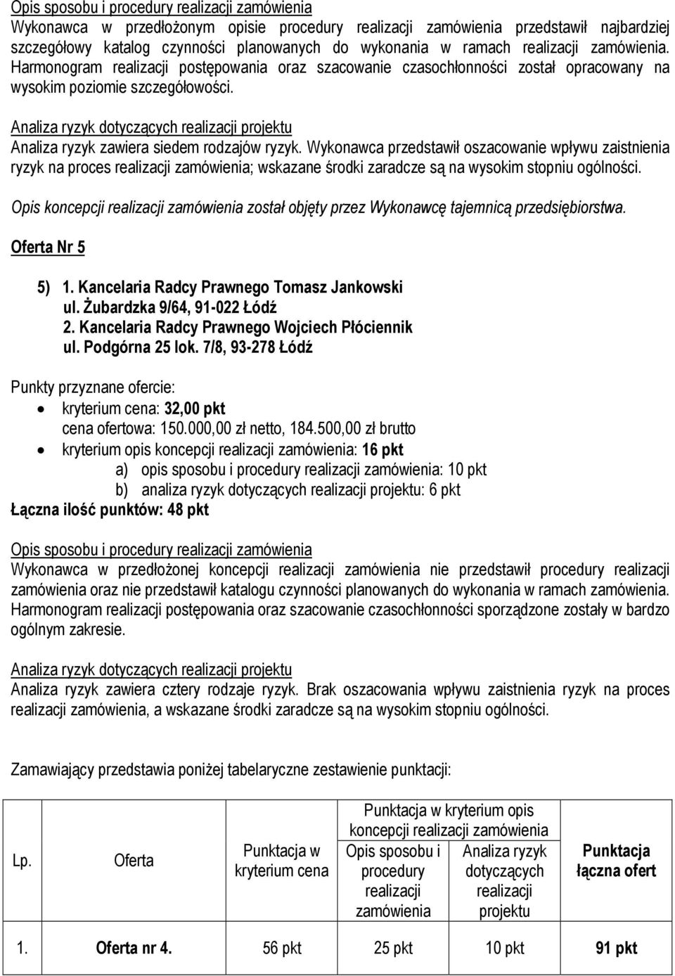 Wykonawca przedstawił oszacowanie wpływu zaistnienia ryzyk na proces realizacji zamówienia; wskazane środki zaradcze są na wysokim stopniu ogólności. Oferta Nr 5 5) 1.