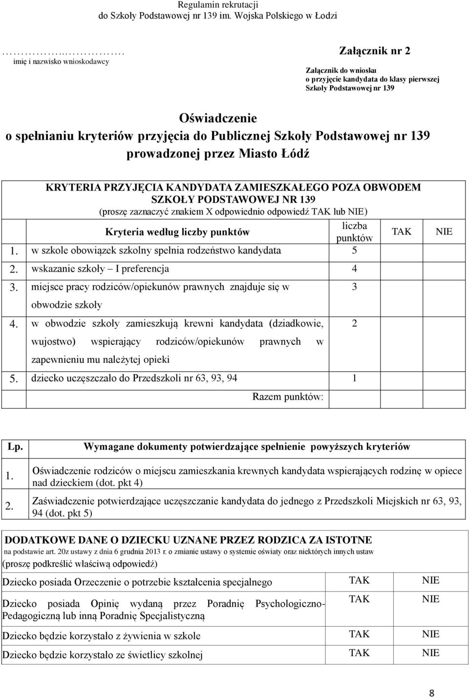 NIE) liczba Kryteria według liczby punktów TAK punktów 1. w szkole obowiązek szkolny spełnia rodzeństwo kandydata 5 2. wskazanie szkoły I preferencja 4 3.