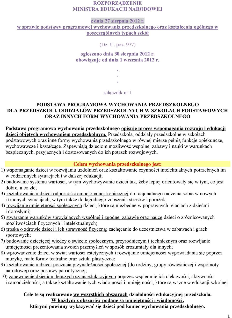 ... załącznik nr 1 PODSTAWA PROGRAMOWA WYCHOWANIA PRZEDSZKOLNEGO DLA PRZEDSZKOLI, ODDZIAŁÓW PRZEDSZKOLNYCH W SZKOŁACH PODSTAWOWYCH ORAZ INNYCH FORM WYCHOWANIA PRZEDSZKOLNEGO Podstawa programowa