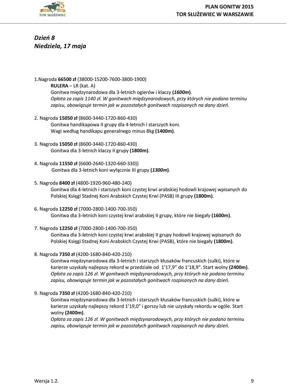 Wagi według handikapu generalnego minus 8kg (1400m). 3. Nagroda 15050 zł (8600-3440-1720-860-430) Gonitwa dla 3-letnich klaczy II grupy (1800m). 4.