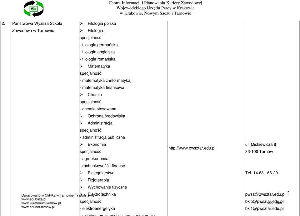 Ekonomia ul. Mickiewicza 8 http://www.pwsztar.edu.pl specjalność - agroekonomia - rachunkowość i finanse Pielęgniarstwo Tel.