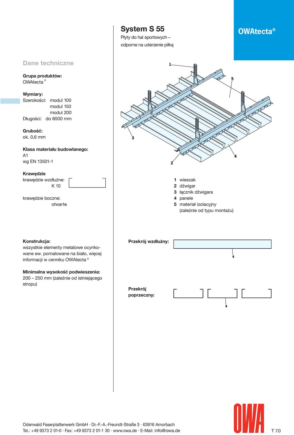 0,6 mm Klasa materiału budowlanego: A1 wg EN 13501-1 Krawędzie krawędzie wzdłużne: K 10 krawędzie boczne: otwarte 1 wieszak 2 dźwigar 3 łącznik dźwigara