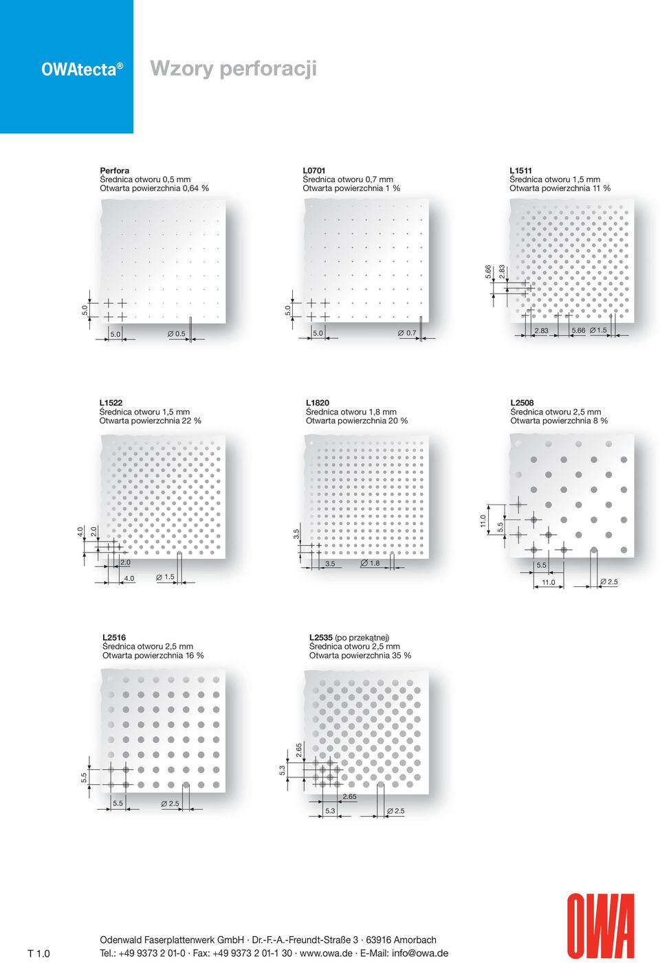 5 L1522 Średnica otworu 1,5 mm Otwarta powierzchnia 22 % L1820 Średnica otworu 1,8 mm Otwarta powierzchnia 20 % L2508 Średnica otworu 2,5 mm Otwarta