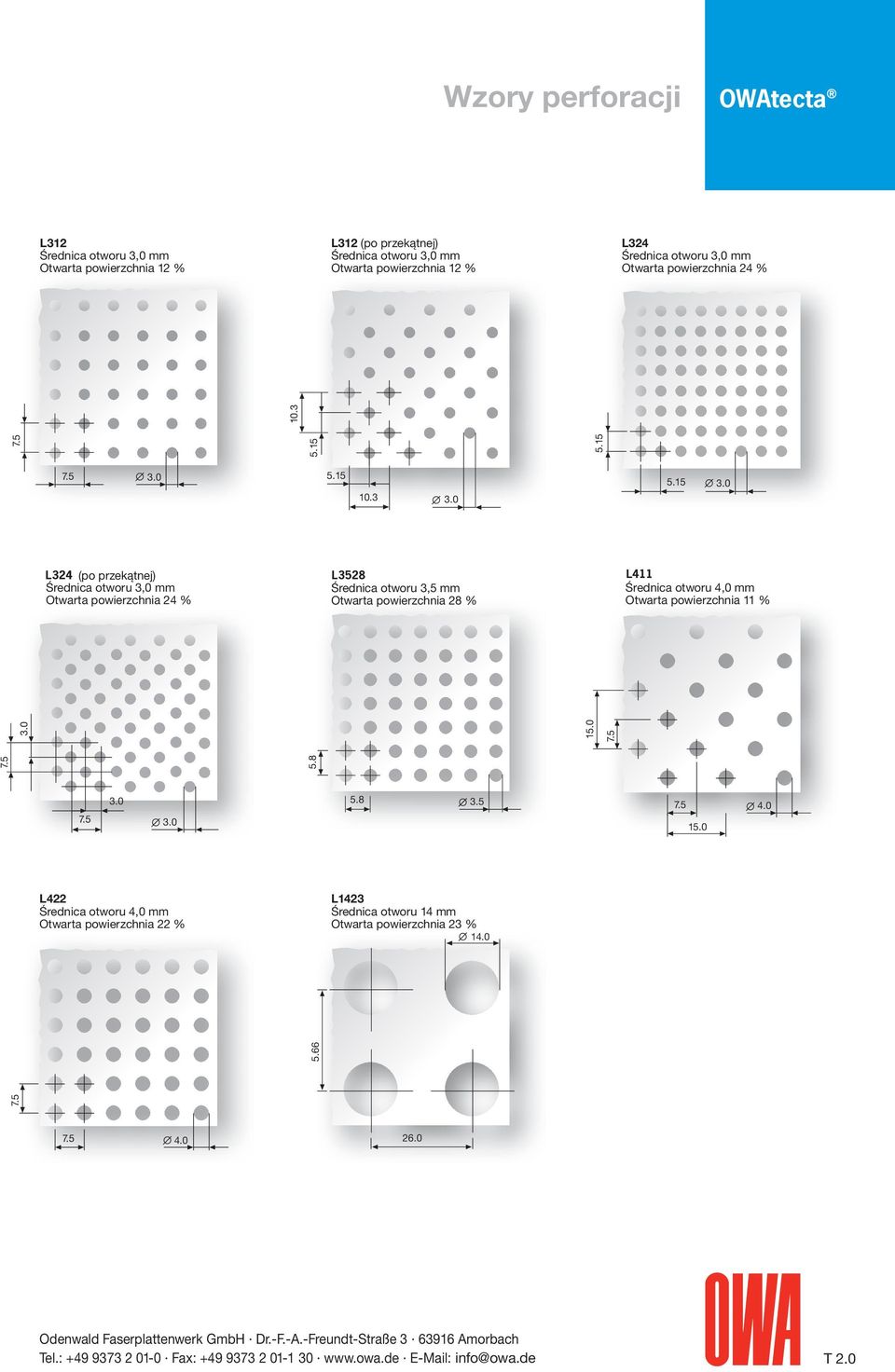 0 L324 (po przekątnej) L3528 L411 Średnica otworu 3,0 mm Średnica otworu 3,5 mm Średnica otworu 4,0 mm Otwarta powierzchnia 24 % Otwarta powierzchnia 28 %