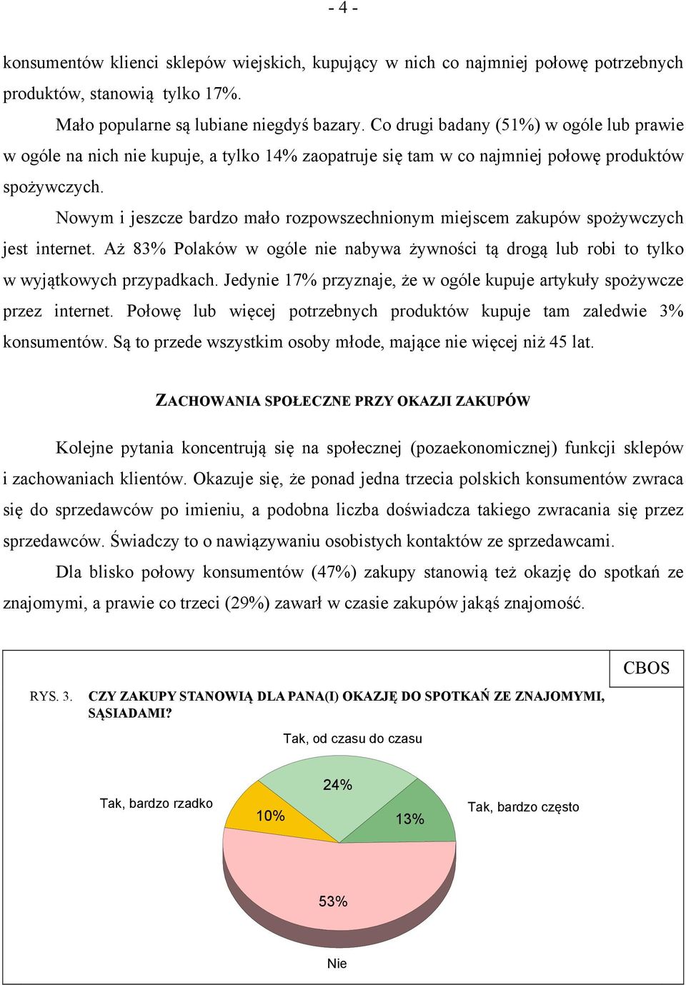 Nowym i jeszcze bardzo mało rozpowszechnionym miejscem zakupów spożywczych jest internet. Aż 83% Polaków w ogóle nie nabywa żywności tą drogą lub robi to tylko w wyjątkowych przypadkach.