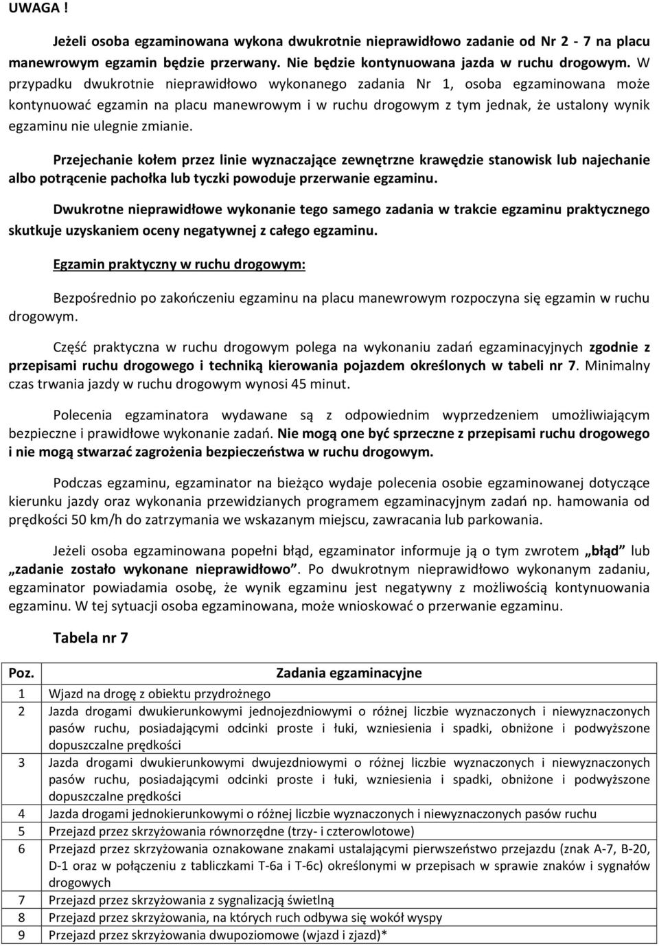 zmianie. Przejechanie kołem przez linie wyznaczające zewnętrzne krawędzie stanowisk lub najechanie albo potrącenie pachołka lub tyczki powoduje przerwanie egzaminu.