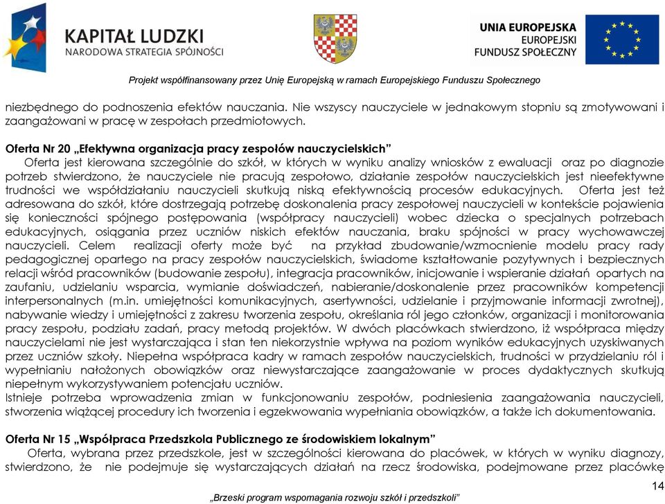 Oferta Nr 20 Efektywna organizacja pracy zespołów nauczycielskich Oferta jest kierowana szczególnie do szkół, w których w wyniku analizy wniosków z ewaluacji oraz po diagnozie potrzeb stwierdzono, że