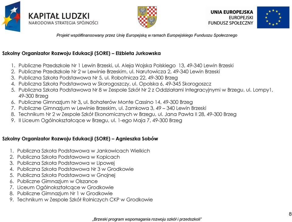 Robotnicza 22, 49300 Brzeg 4. Publiczna Szkoła Podstawowa w Skorogoszczy, ul. Opolska 6, 49345 Skorogoszcz 5.