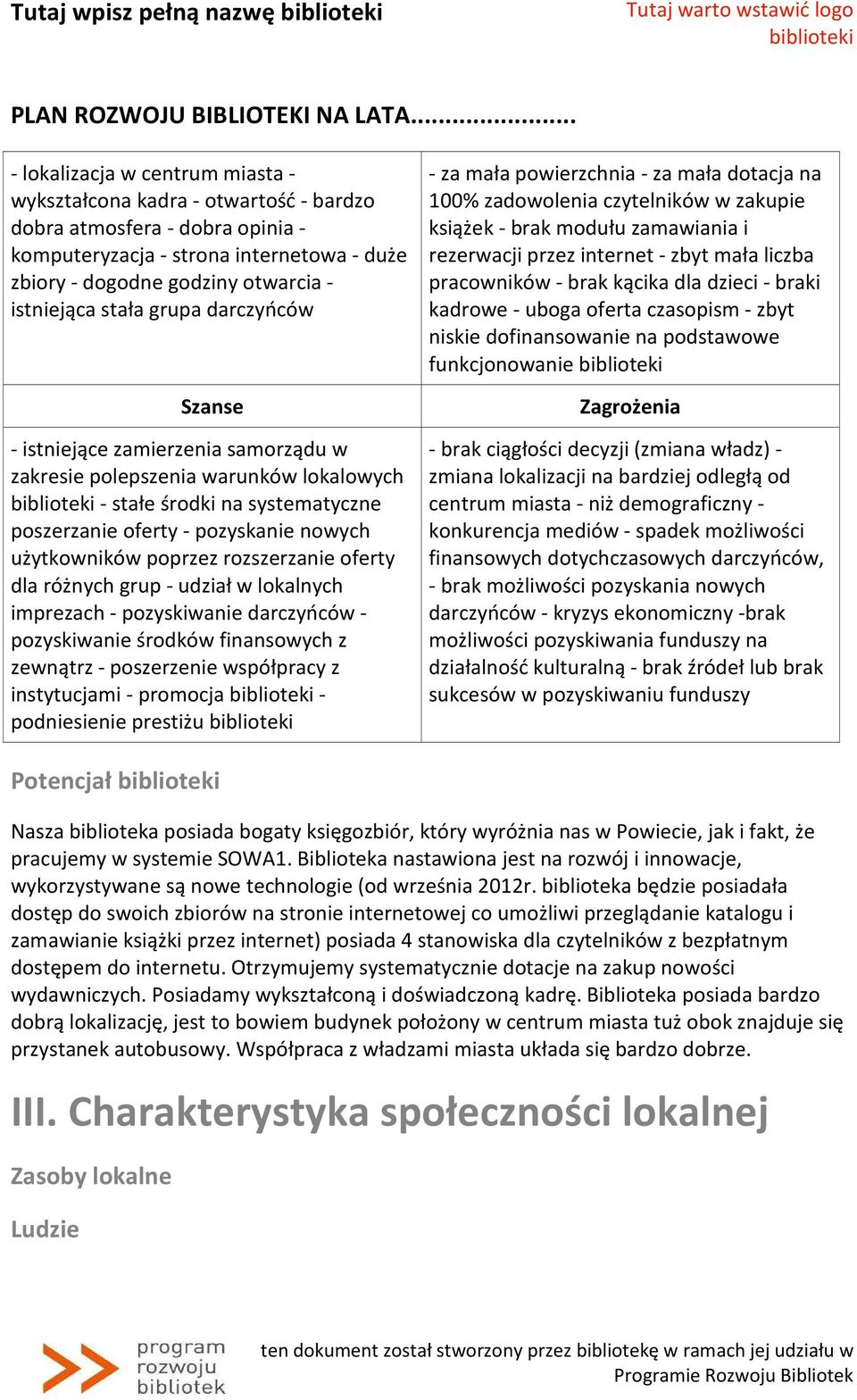 nowych użytkowników poprzez rozszerzanie oferty dla różnych grup - udział w lokalnych imprezach - pozyskiwanie darczyńców - pozyskiwanie środków finansowych z zewnątrz - poszerzenie współpracy z