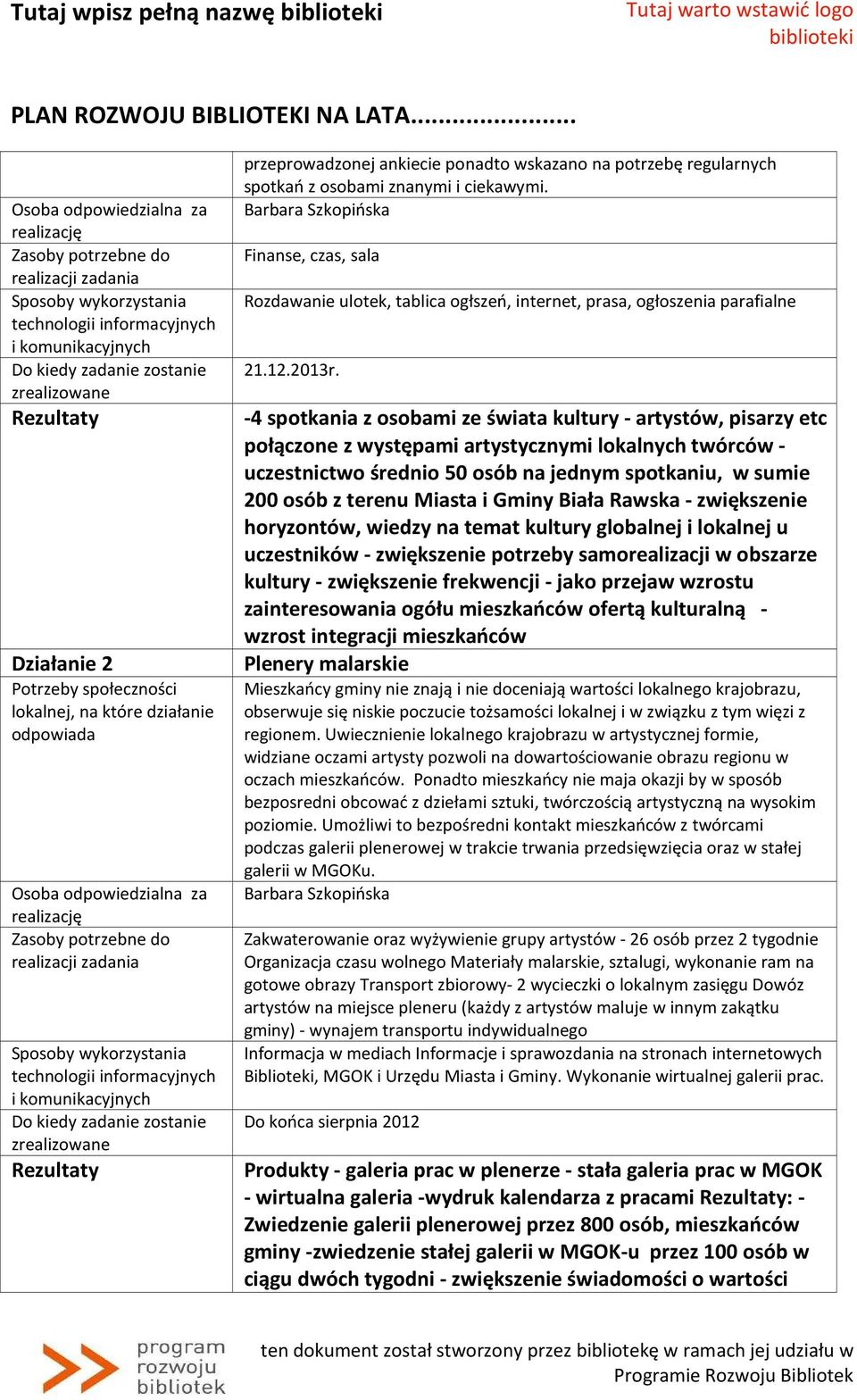 technologii informacyjnych i komunikacyjnych Do kiedy zadanie zostanie zrealizowane Rezultaty przeprowadzonej ankiecie ponadto wskazano na potrzebę regularnych spotkań z osobami znanymi i ciekawymi.